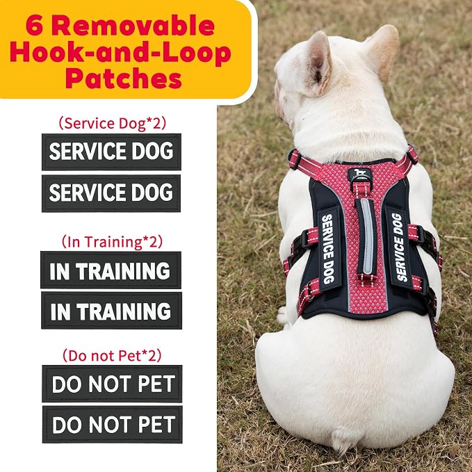 Service Dog Vest Harness, Escape Proof Harness with 6 Patches, No-Pull, Reflective Harness with Handle, Adjustable for Small to Large Dogs, for Training and Hiking (Red, S)