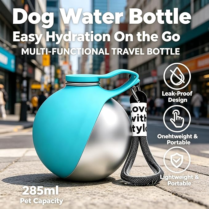2 in 1 Portable Dog Water Bottle with Bowl,New Foldable Pet Water Cup – 10oz Stainless Steel Travel Pet Water Dispenser, Lightweight & Perfect for Small Dogs, Walking, Hiking, and Travel (Blue)