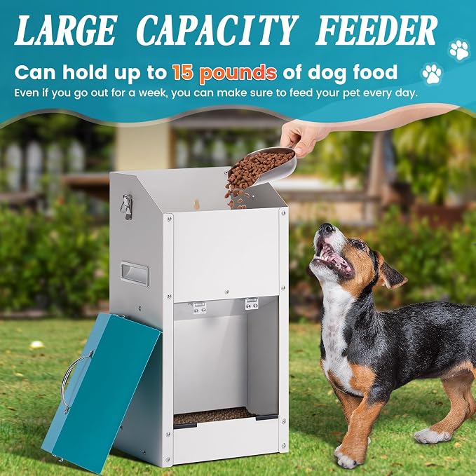 Galvanized Gravity Automatic Dog Feeder,15 Lbs Outdoor Dog Feeders and Dog Food Dispenser with Stainless Steel Feed Shovel for Small and Medium Sized Dogs (15 lbs)