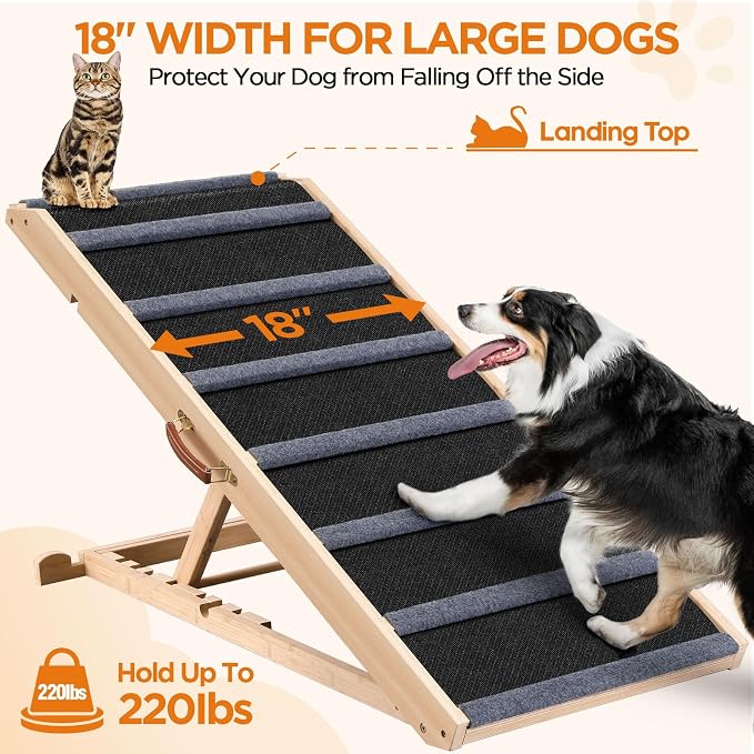 Dog Ramp for Bed - Extra Large, 18'' Wide, Gentle Slope Folding Pet Ramps for Small Large Senior Dogs to Get on High Couches & Cars, Non-Slip Rubber Surface, Holds 220lbs, 7 Adjustable Heights