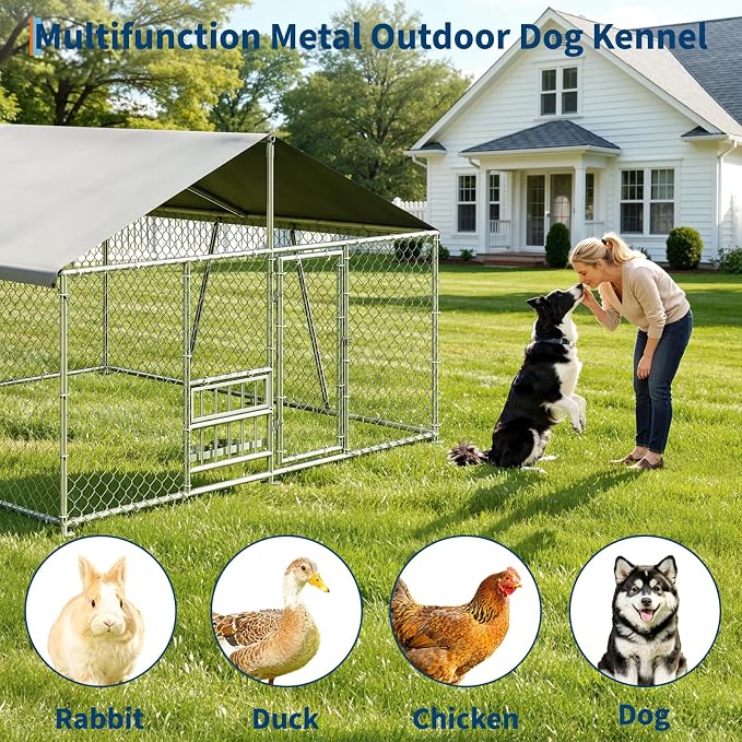 GarveeLife Outdoor Dog Kennel with Waterproof Cover, Dog Kennel Outside with Adjustable Bowls Feeder, Outdoor Dog Enclosure for Medium Large Dogs, 10ftx10ftx5.9ft