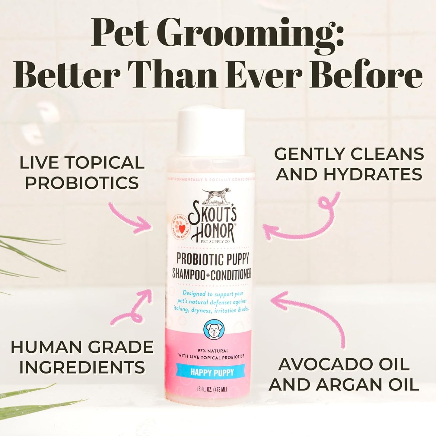 Skout's Honor Probiotic Dog Shampoo & Conditioner with Avocado Oil & Omega-3s, 97% Natural, Paraben & Sulfate-Free, Cruelty-Free, 16oz, Happy Puppy