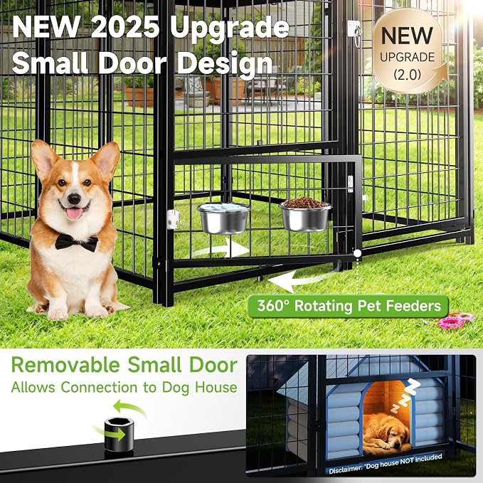 Dog Kennel Outdoor, Weatherproof Outside Dog Kennel with Roof & Swivel Feeders and Removable Dog Door, Outdoor Kennels Dog Enclosure Run for Medium Large Dogs (5'L x 5'W x 5'H)
