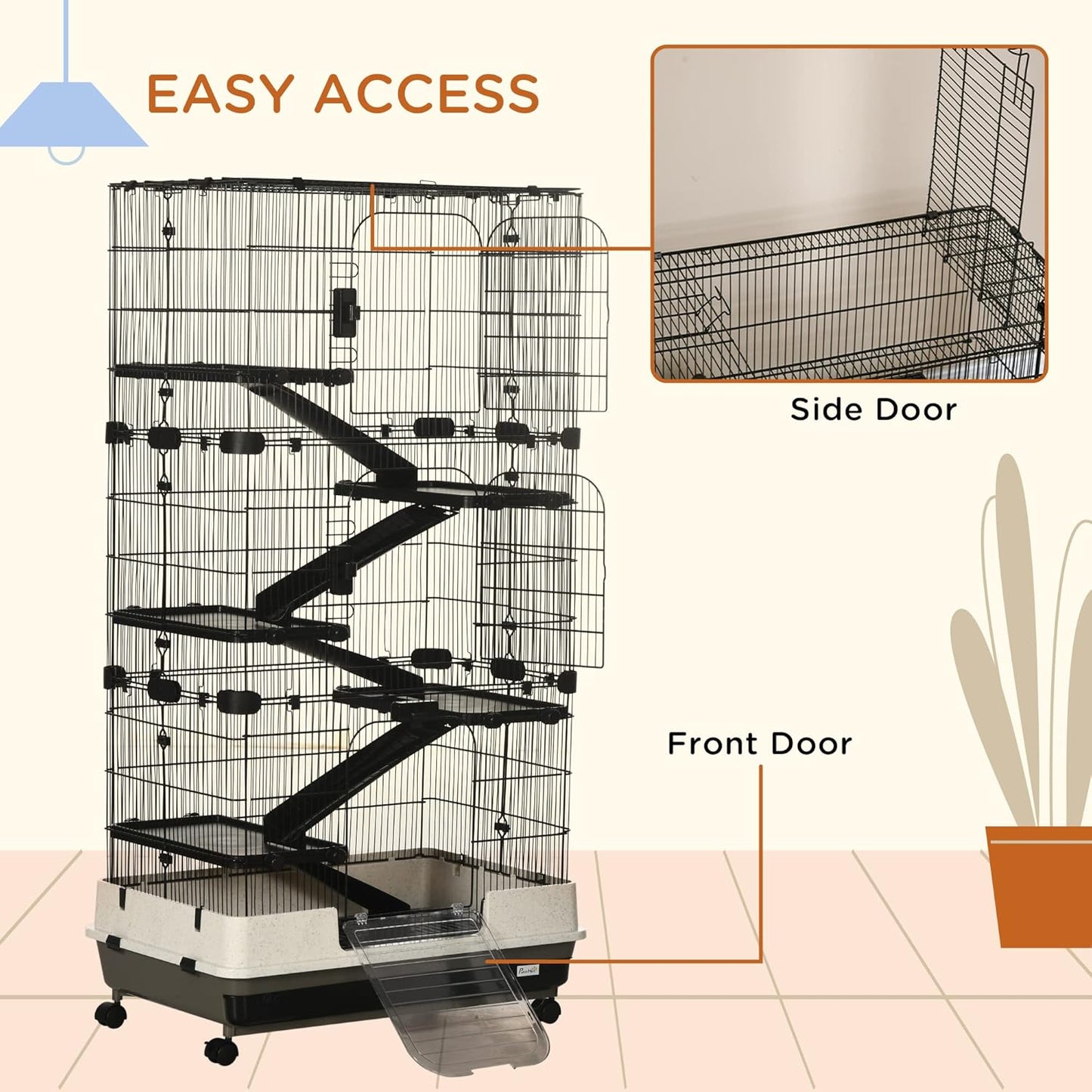 PawHut 59.5" Small Animal Cage with Wheels, 6-Level Portable Bunny Cage, Chinchilla Ferret Cage with Removable Tray, Platform and Ramp