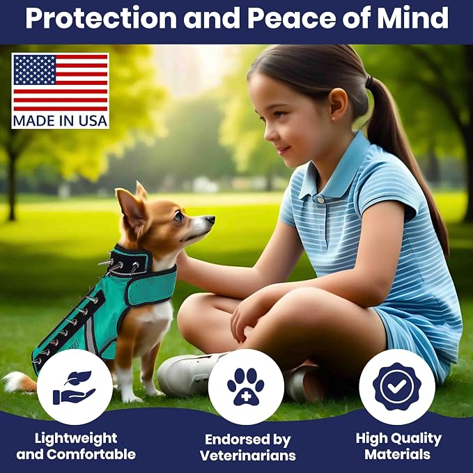 CoyoteVest SpikeVest Dog Harness, Made in the USA, L-Turquoise | Stab-Resistant Protective Vest | Coyote Vest for Dogs | Defends Against Coyotes, Dogs, Birds of Prey | Reflective Safety