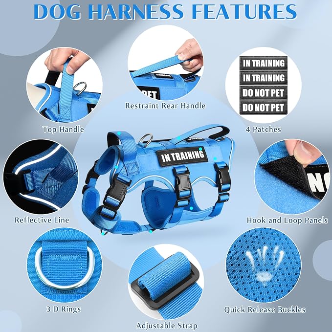 Escape Proof Dog Harness with Double Handle+4 Removable Patches | Service Working Molle Harness with Double Handle for Large Dogs, Tactical Pet Reflective Vest for Walking Hiking Hunting