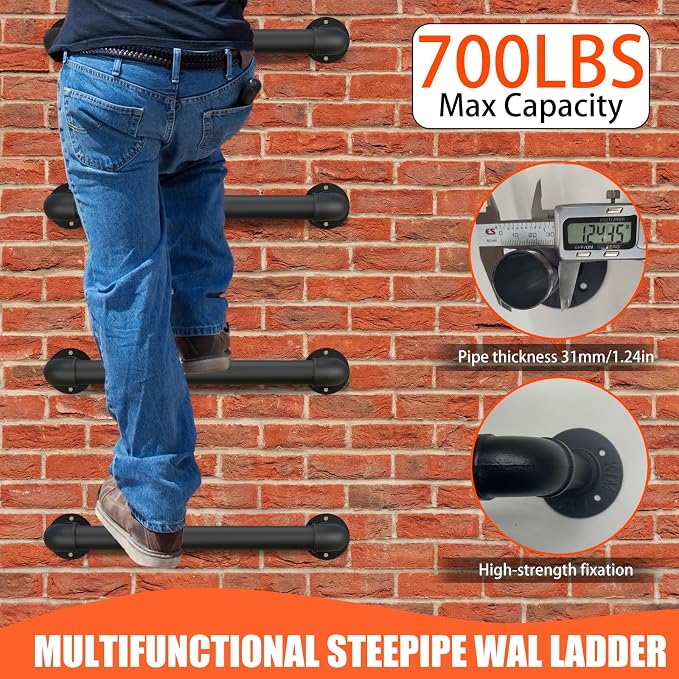 Wall Mounted Ladder, 1 Rung Heavy Duty Steel Step Ladder - 5 Pack for Basement Window Well & Egress | 700LB Capacity, Black Powder Coated, Includes Wood & Concrete Wall Anchors