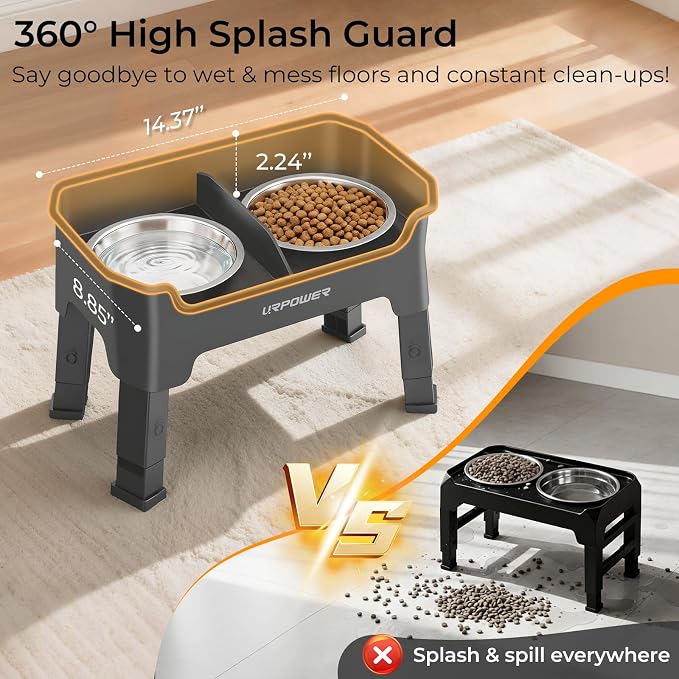 URPOWER Mess Proof Elevated Dog Bowls, Splash Guard Raised Bowl Stand | 4 Adjustable Heights, 2 Stainless Steel Bowls, Food & Water Separation, Non-Slip Base, Foldable Design for Small Dogs