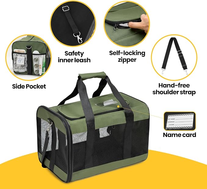 Conlun Cat Carrier Airline Approved, Soft-Sided Dog Carrier with Inner Safety Leash, Pet Transport Carrier for Small-Medium Cats Puppies up to 15 Lbs, Collapsible Travel Kitten Carrier Bag -Green M