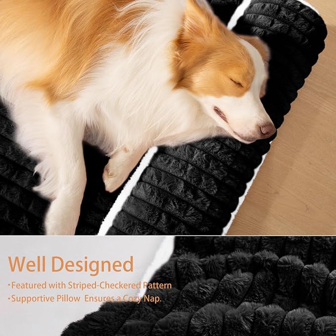 Orthopedic Large Dog Bed Pillow Pet Sofa Bed 56''X40'' Black | Egg-Crate Foam Pet Couch Large Sized Dog, Waterproof Removable Washable Cover,Furry Puppy Crate Mat With Nonskid Bottom