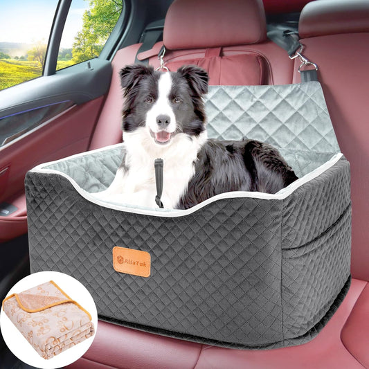 Memory Foam Booster Dog Car Seat for Medium Dogs (Under 45LBS): Elevated, Detachable Washable, Anti-Slip, for Car Back Seat, Travel Pet Bed with Seat Belt