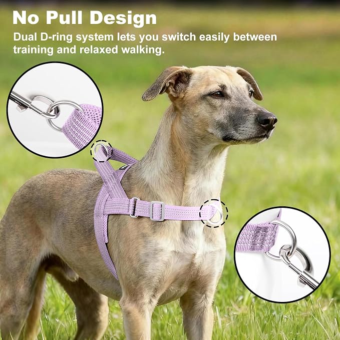 No Pull Dog Harness with Handle, Adjustable Soft Mesh Padded Vest | Reflective Walking Harness with Front Clip for Small Medium Large Dogs, Quick Fit No Escape for Training, Purple, L