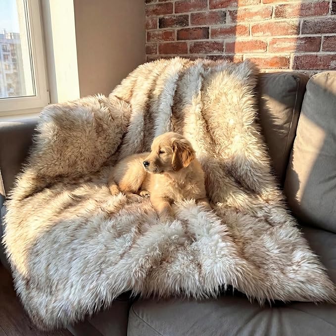 Waterproof Dog Blanket for Small, Medium & Large Dogs – Faux Fur Pet Throw for Couch, Sofa, Bed & Car – Soft, Washable, Stain-Resistant, Durable Cover – White w/Brown Tips – 60" x 50"