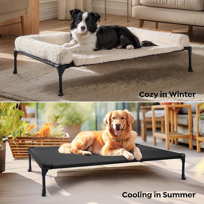 Veehoo Orthopedic Elevated Dog Bed Add Removable Deluxe Rose Plush Bolster Cushion Mat, 35" x 22" Washable Dog Couch Bed, Raised Pet Cot with Breathable Teslin Mesh, No-Slip Feet, White, CWC2439B