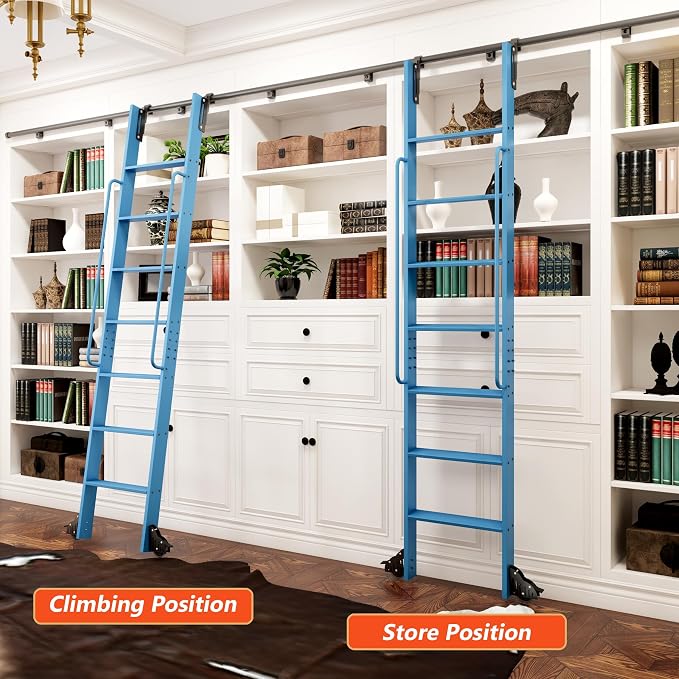 DIYHD 87" Rolling Library Ladder with Handrail, 4FT Sliding Rail, Blue | 7-Step lightweight ladder with space-saving upright storage, Telescopic top hooks, Locking bottom rollers, 300lbs capacity