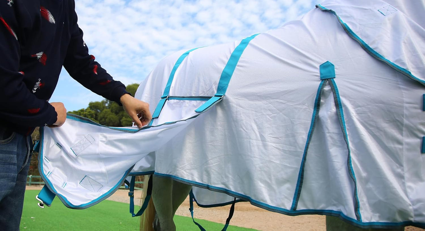 Horse Fly Sheet with Detachable Neck Cover & Belly Wrap, Adjustable Fly Sheet for Horses, Ventilated Airflow Mesh Equine Cooling Summer Flysheet White 75
