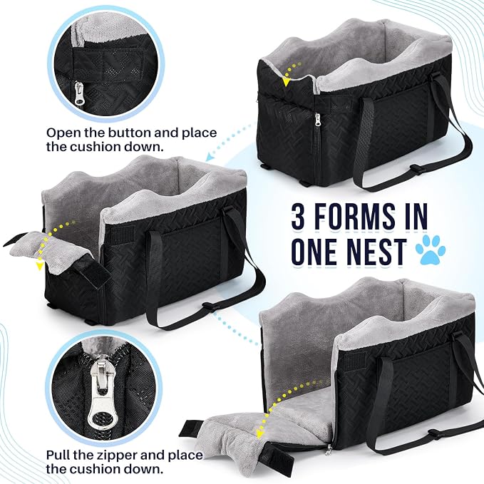 SlowTon Console Dog Car Seat - Portable Center Dog Car Seat for Small Dogs up to 9 lbs, Washable Pet Carseat with Soft Cushion Safe Protection Hooks & Storage Pocket, Black