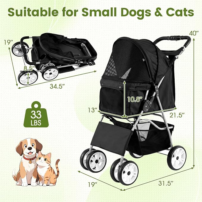 PETSITE 4 Wheels Pet Stroller, Foldable Dog Strollers for Small Dogs with Breathable Mesh, Waterproof Cover, Storage Basket, and Cup Holders, Ideal for Dogs Cats up to 33 lbs (Black)