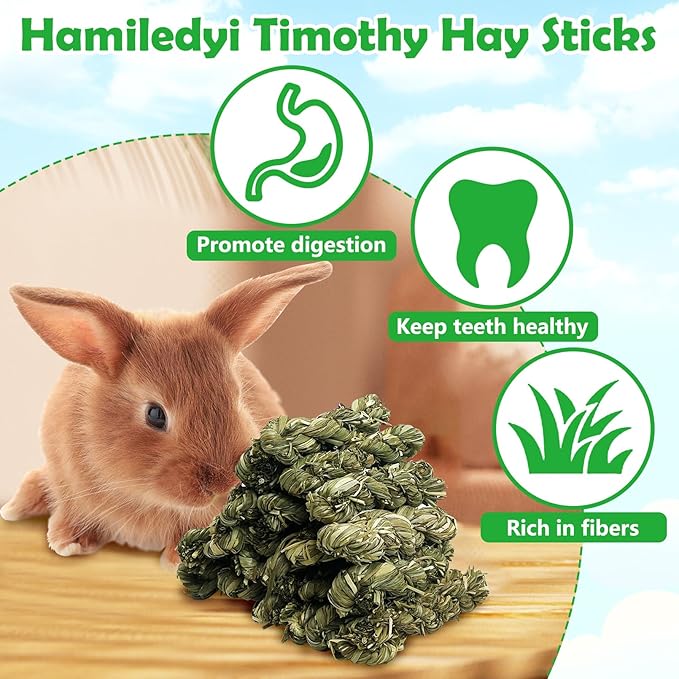 Hamiledyi 30 PCS Rabbit Chew Sticks Natural Grass Timothy Hay Sticks Handmade Guinea Pigs Chew Toys for Teeth Molar Snacks for Chinchilla Bunny Hamster and Other Small Animals