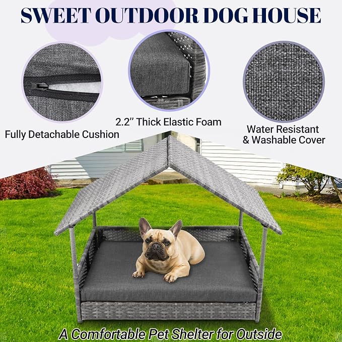 Wicker Dog House, Elevated Rattan Dog Bed with Canopy, Large Dog House Outdoor with Water Resistant Cushion, Outside Rattan Dog House for Dogs with Protective Cover, Grey