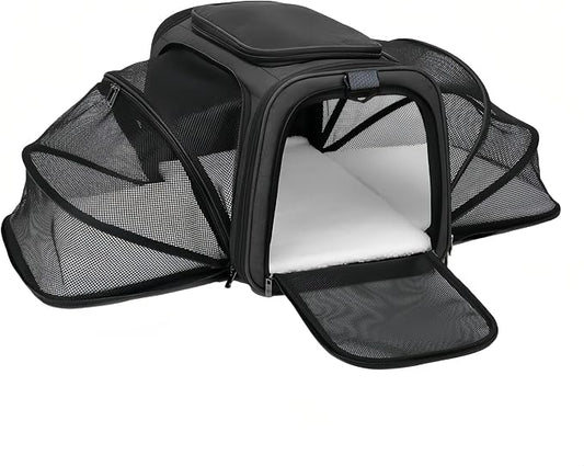Expandable Cat Carrier Pet Carrier with 2 Extensions,Airline Approved Soft-Sided Portable Dog Travel Washable Carrier for Kittens,Puppies,Removable Soft Plush Mat (Black, Small)
