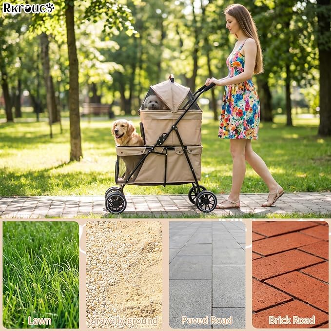 Foldable Double Pets Stroller for Dog Portable Cat Strollers for Small Medium Pet with One Detachable Carrier Flexible Lockable Wheels Lightweight Dogs Jogger (Khaki)