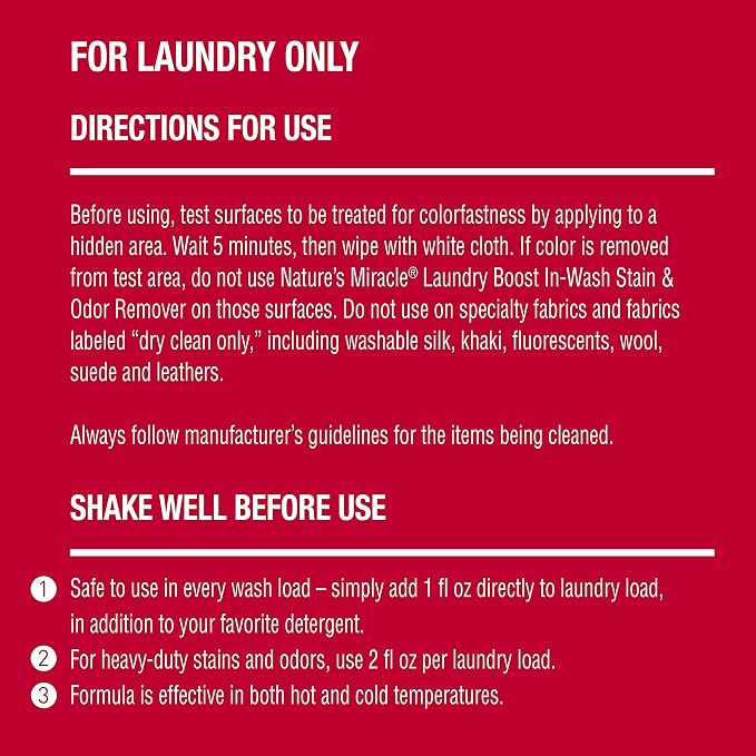 Nature's Miracle Laundry Boost In-Wash Stain & Odor Remover, 32 Oz, Stain and Odor Removing Additive For All Washing Machines & Advanced Stain and Odor Eliminator Dog for Severe Dog Messes 32 Fl Oz