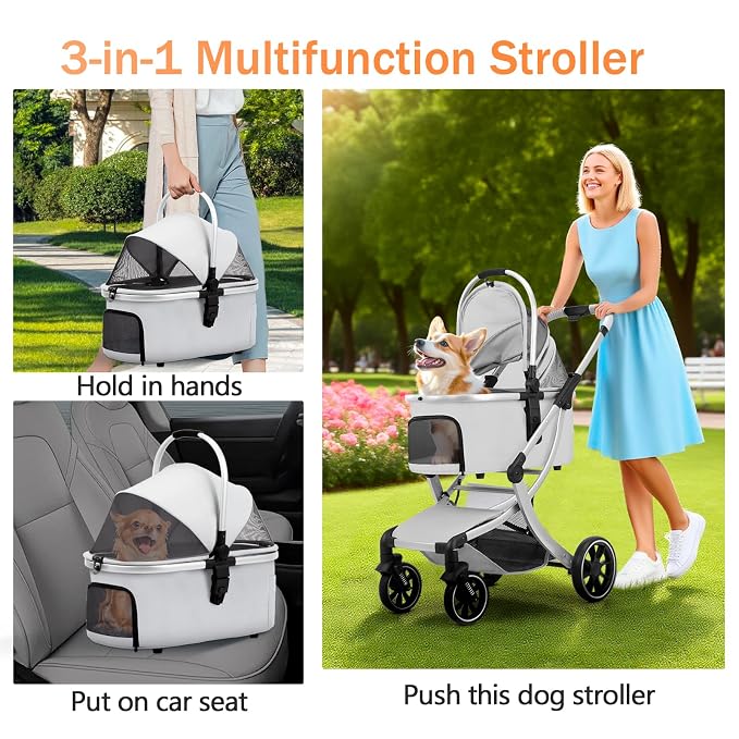 3 in 1 Pet Stroller for Small/Medium Dogs & Cats with Detachable Carrier, Storage Basket and Pet Pad, 4 Wheels Foldable Pet Travel Carrier for Car Seat & Hand Carry, Safe Outings (Grey)
