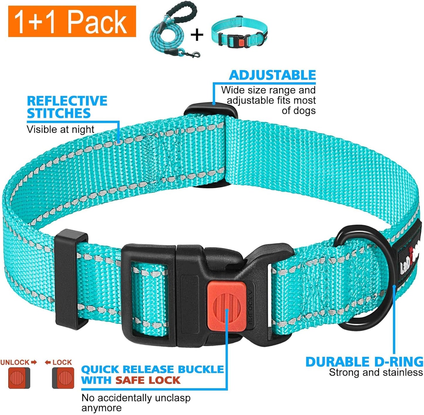 Heavy Duty Dog Leash - Comfortable Padded Handle, 5 ft Long - Dog Leashes for Small Medium Large Dogs (Leash+Collar L Neck 20"-25", Blue)