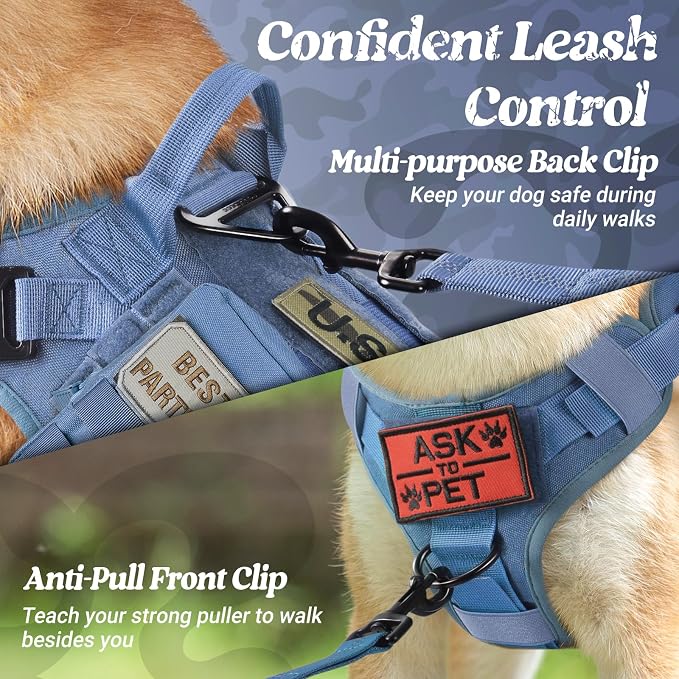 rabbitgoo Tactical Dog Harness for Large, Heavy Duty Military No Pull Vest | Sturdy Metal Buckles, 5 Adjustments, Molle System, Powerful Pullers for Training, Hunting, Outdoor, Blue, Large
