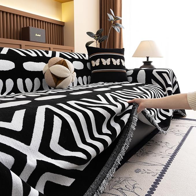 VClife Minimalism Tribal Couch Cover Non Slip White Black Geometric Jacquard Sofa Cover Washable Bohemian Style Aztec Couch Slipcover for Sectional Couch Chenille Furniture Protector 71''x118''