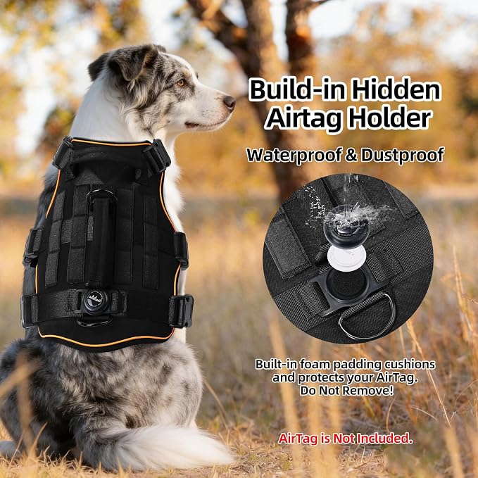 Reflective Tactical Dog Harness with AirTag Holder&3 Pet Patches, Black M | Heavy Duty No Pull Dog Harness, Adjustable Dog Harness, Two Handles, Breathable Mesh Padding, Resists Dirt and Stay Clean