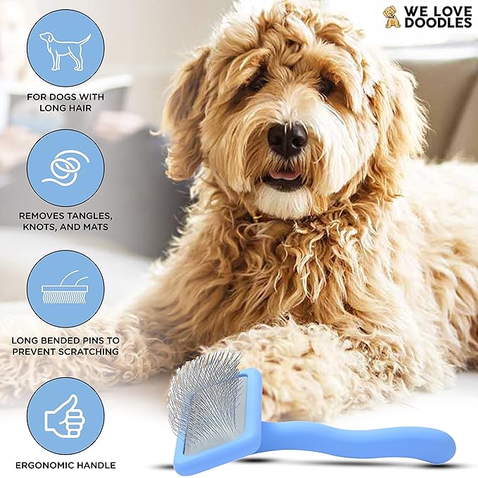 We Love Doodles Small Dog Face Grooming Comb and Small Slicker Brush Bundle - Tear Stain Remover For Dog Eye Boogers - Long Pin Brush For Dematting - Pet Eye Brush - Combs For Grooming - Made in USA