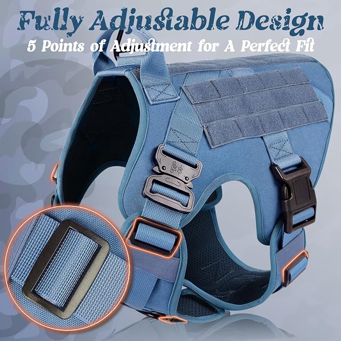rabbitgoo Tactical Dog Harness for Medium, Heavy Duty Military No Pull Vest | Sturdy Metal Buckles, 5 Adjustments, Molle System, Powerful Pullers for Training, Hunting, Outdoor, Blue, Medium