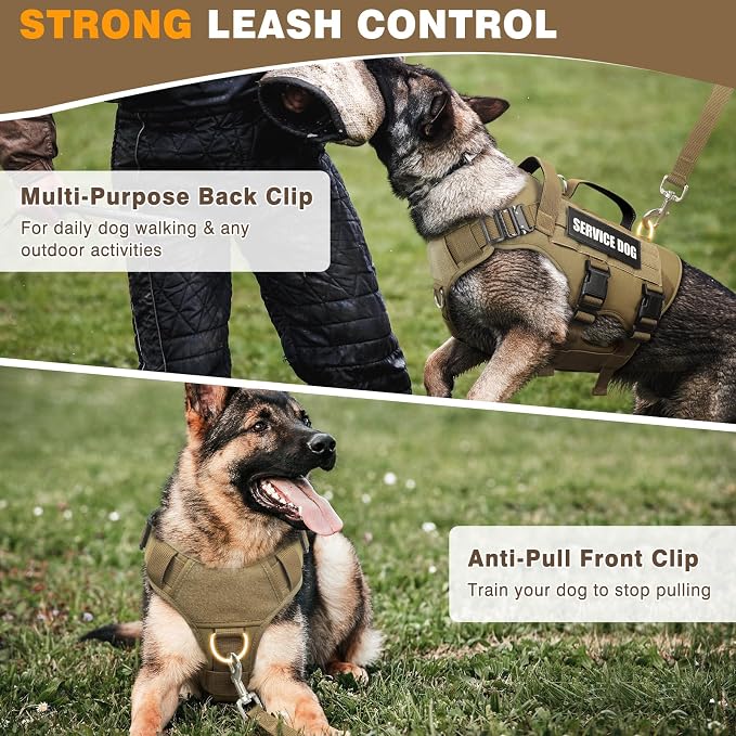 Service Dog Vest Harness for Large Dog, Tactical Working MOLLE Vest with 10 Pet Patches, No Pull Heavy Duty Harness for Training Walking