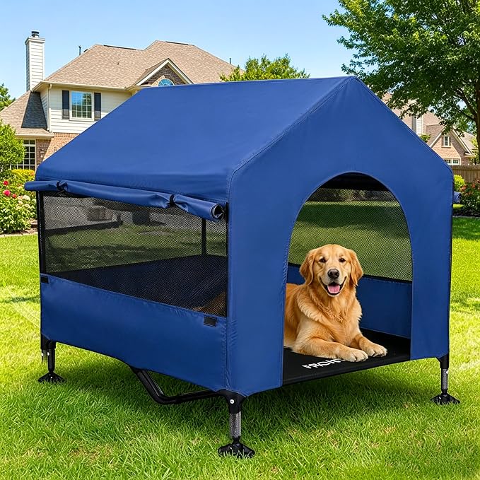 Dog House, 42” Large Dog Houses Outdoor Indoor Elevated Dog Cot Bed | 2-in-1 Outside Dog Tent Shade, Three-Sided Breathable Mesh Windows, Easy to Install, Waterproof Canopy, Non-Slip Feet