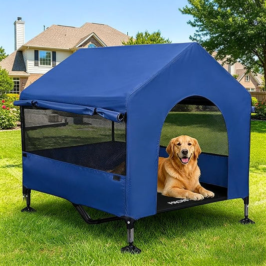 Dog House, 42” Large Dog Houses Outdoor Indoor Elevated Dog Cot Bed | 2-in-1 Outside Dog Tent Shade, Three-Sided Breathable Mesh Windows, Easy to Install, Waterproof Canopy, Non-Slip Feet