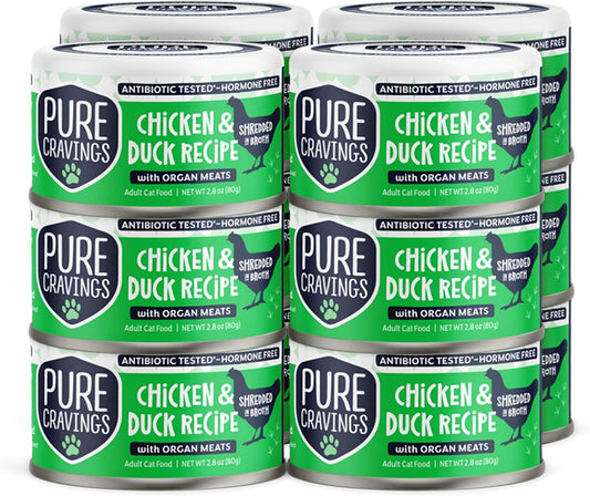 Chicken and Duck Recipe in Broth, Shredded Wet Cat Food, Grain-Free Protein, Non-GMO, 12 Pack