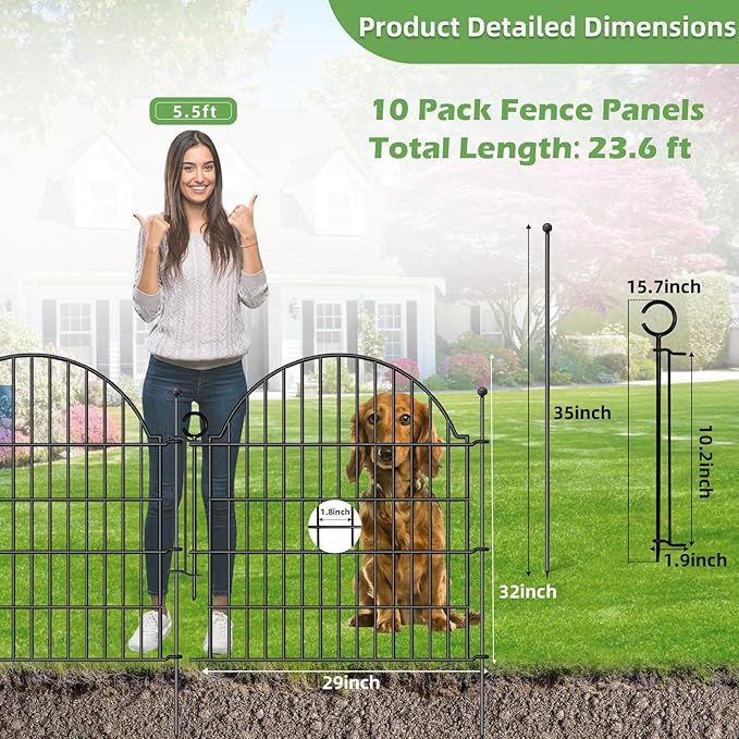 Blingluck Decorative Metal Garden Fence with Gate Lock 10 Panels, 32in (H) x 23.6ft (L) No Dig Dog Fence Outdoor for Yard, Temporary Rustproof Metal Wire Rabbit Dog Garden Border Fencing for Patio