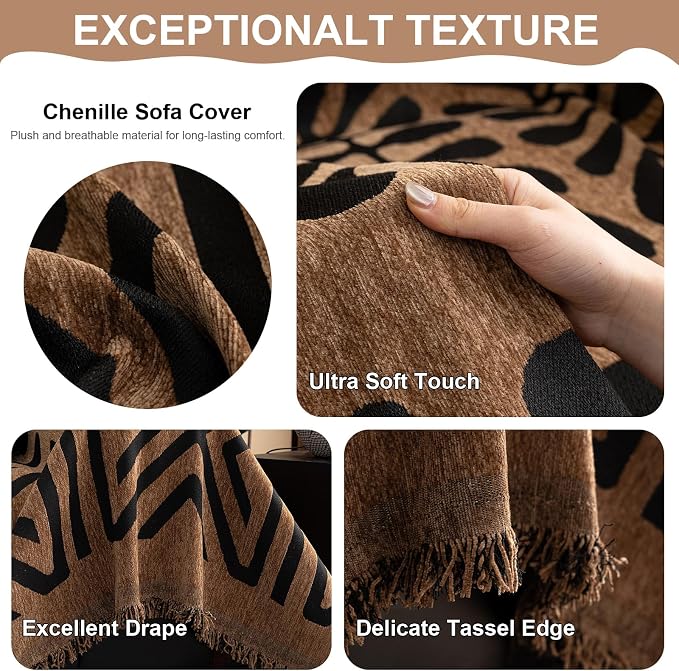 VClife Couch Cover Bohemian Morroccan Sofa Cover Washable Sofa Slipcover for 3-4 Cushion Couch Sofa Non Slip Soft Chenille Furniture Protector Modern Brown Black Slip Cover for Couch 71''x150''