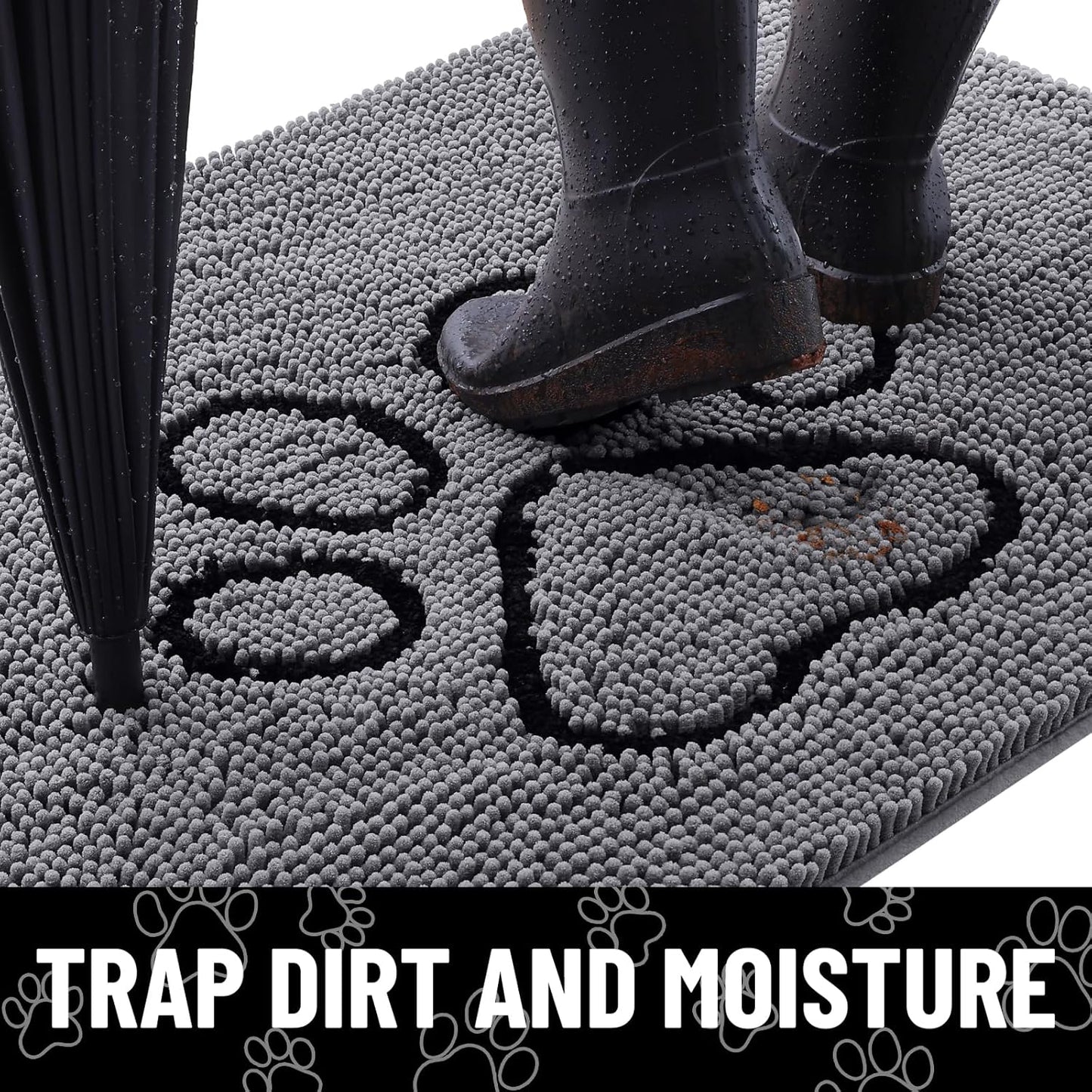 Smiry Dog Door Mat for Muddy Paws, Absorbent Dirt Trapper Non Slip Quick Dry Washable Chenille Mat for Mud Dogs, Entry Rug for Indoor and Outdoor (48x30 Inches, Dark Grey and Black)