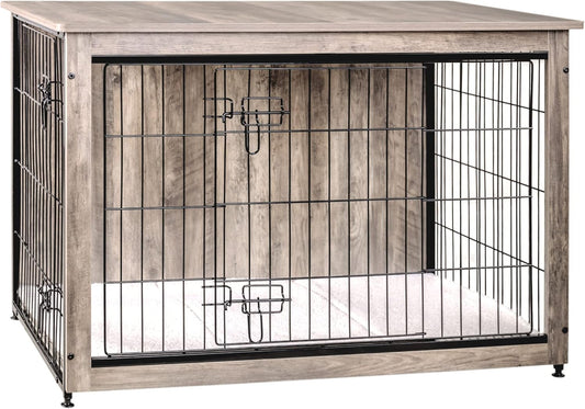 DWANTON Dog Crate Furniture with Cushion, Wooden Kennel Table with Double Doors, Indoor Dog House, Large Size, 38.5" L, Greige