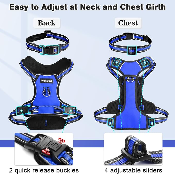 Dog Harness No Pull, Pet Harnesses with Dog Collar, Adjustable Reflective Oxford Outdoor Vest, Front/Back Leash Clips for Small, Medium, Large, Extra Large Dogs, Easy Control Handle for Walking