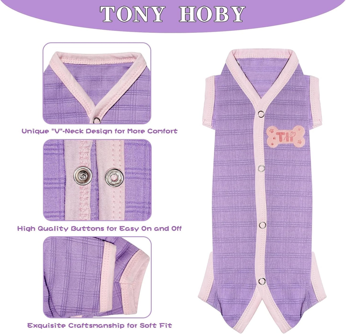 TONY HOBY Dog Pajamas, Dog Recovery Suit After Surgery, Soft Dogs Jumpsuit Shirts for Small Medium Dogs (Purple, Boy, L)