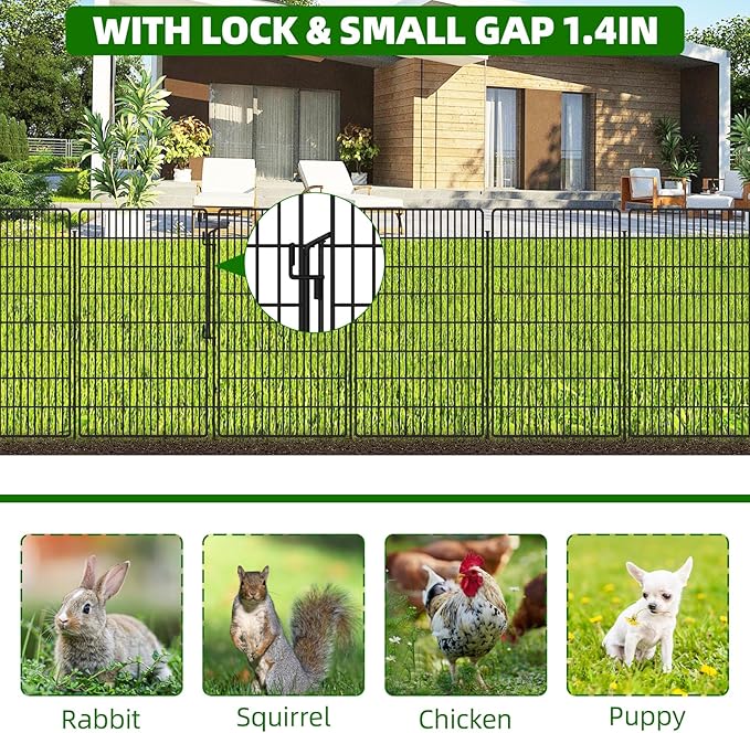 10 Panels Garden Fencing Animal Barrier with Lock, 48 in(H) X 24 Ft(L) Dog Fence Outdoor for Yard Rustproof No Dig Decorative Tall Garden Fence Metal Wire Panel Border Rabbit Ground Stakes Fencing