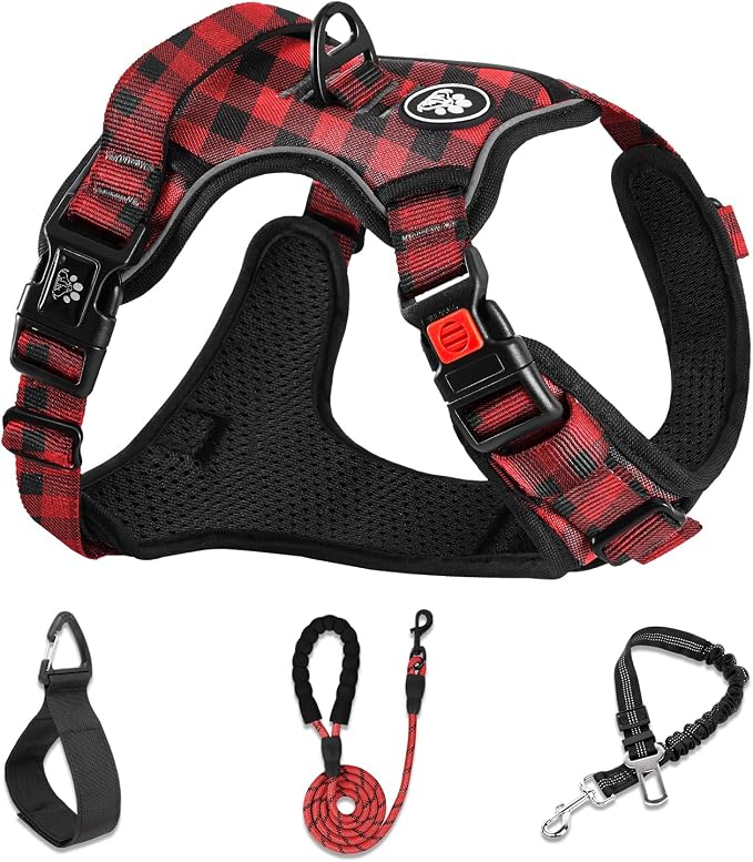 NESTROAD No Pull Dog Harness with Leash, Reflective No Choke Pet Vest Harness,Adjustable Soft Padded Dog Harness with Easy Control Handle for Small Dogs(Checkered Red,Small)