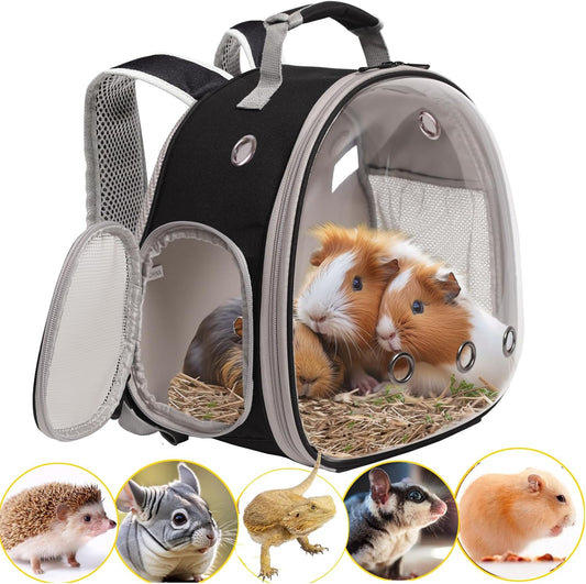 Guinea Pig Backpack Carrier, Bearded Dragon Carrier Backpack with Clear Bubble Window,Small Animal Travel Backpack for Hedgehog Rat Parrot,Rabbit,Sugar Glider,Airline Approved(Black, Backpack)
