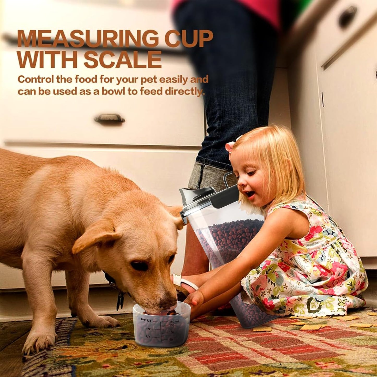 Dog Food Storage Container, 5-7 Lbs Airtight Pet Food Container, Cat Food Container Dispenser Plastic Bin with Pouring Spout, Portable Handle and a Collapsible bowl for Dogs Cats Grey/6Qt