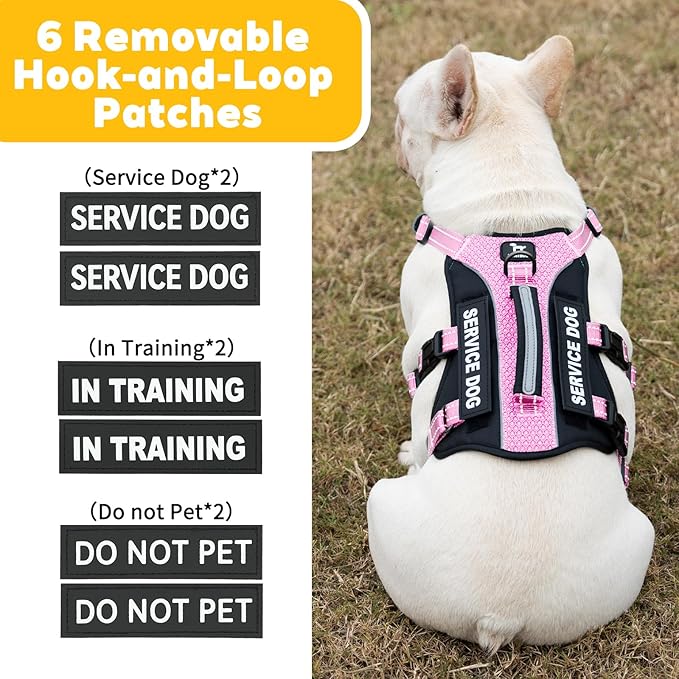 Service Dog Vest Harness, Escape Proof Harness with 6 Patches, No-Pull, Reflective Harness with Handle, Adjustable for Small to Large Dogs, for Training and Hiking (Pink, L)