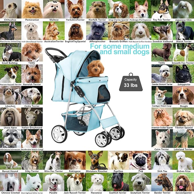 Pet Stroller for Small Dogs and CatsQuick-Folding Portable Travel Cat Dog Stroller with Storage Basket and Cup Holder, 4 Wheels, Light Blue